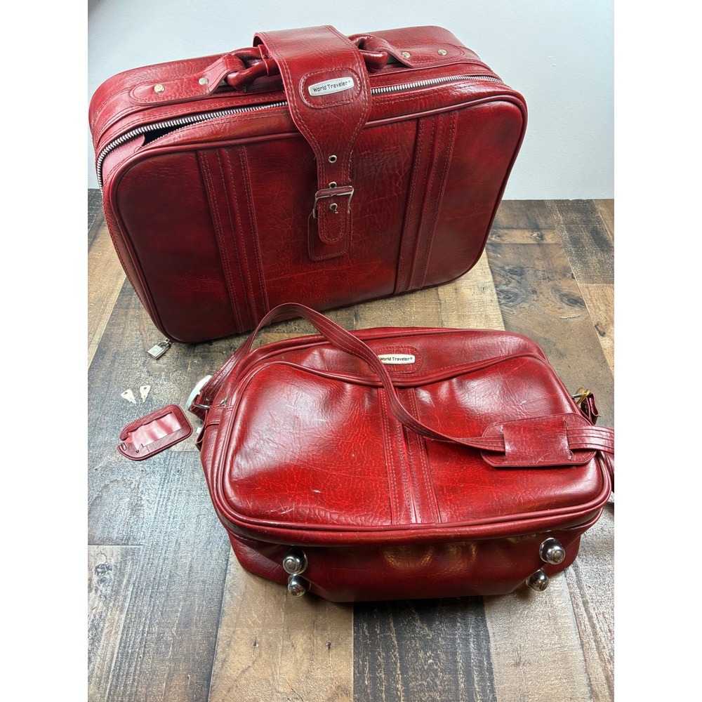 World Traveler Luggage Set Vintage 2pc Red Suitcase Shoulder Bag Carry On Good